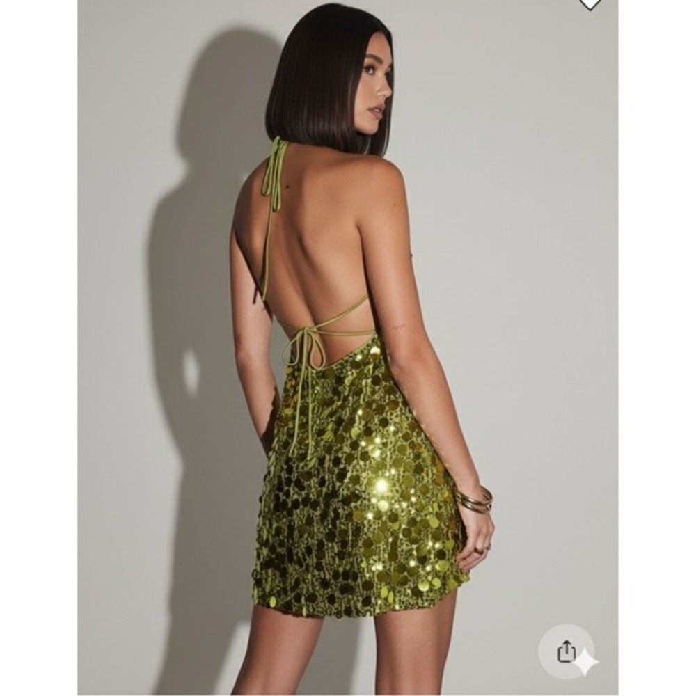 Princess Polly Fluorescent Party Sequin Halter Mini Dress Green Backless US 2 - Picture 2 of 8